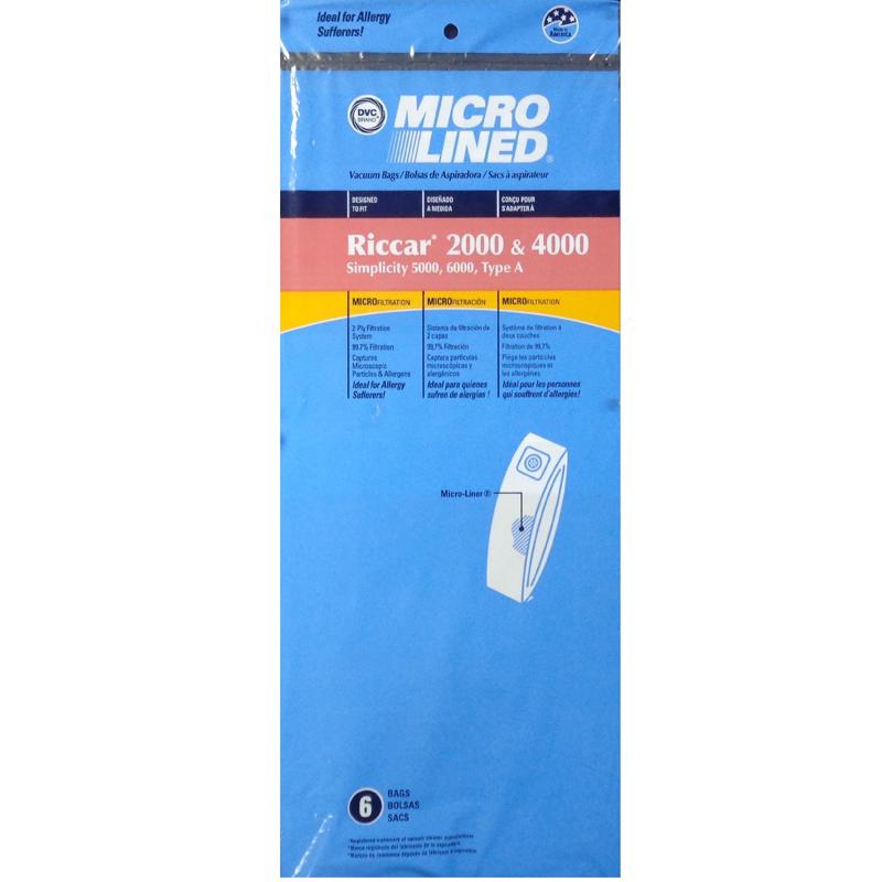 Riccar Replacement Type A Microlined Vacuum Bags 2000/4000 Series, 6pk